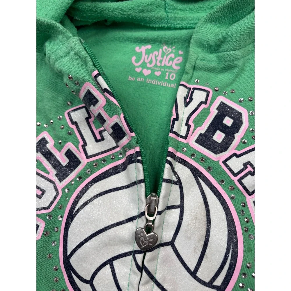 Justice Girls Green Volleyball Graphic Zip Up Hoodie Sweatshirt Size 10